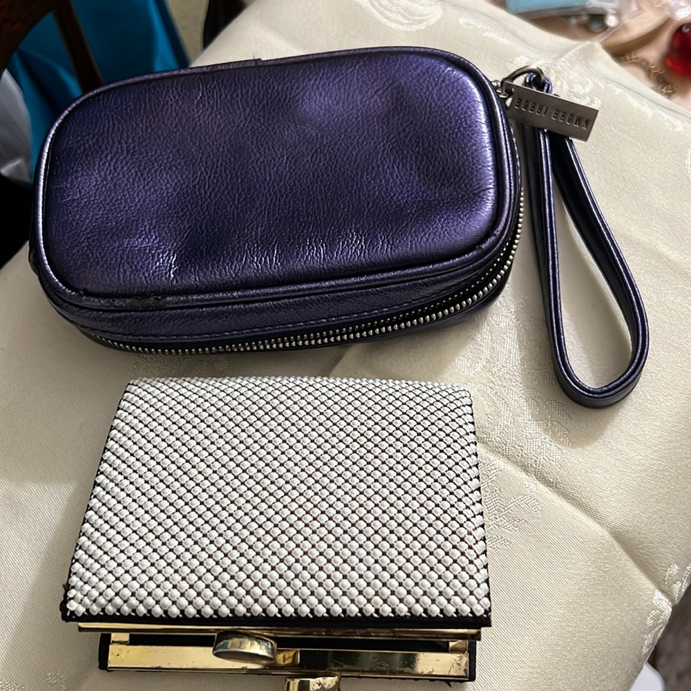 BOBBI BROWN mini wristlet dark blue pouch and white beaded coin porch.
